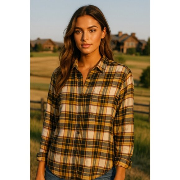 American Eagle Plaid Flannel Shirt AhhMazingly Soft Boyfriend Fit Yellow Cozy - Picture 1 of 7